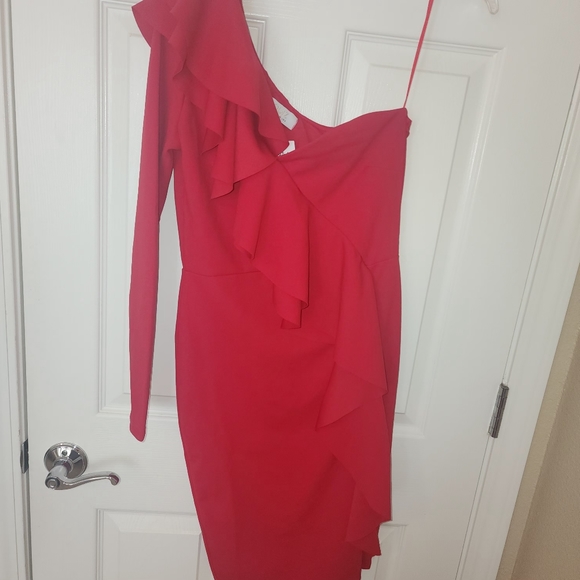 Quizz Red One Shoulder Scuba Dress - Picture 6 of 8